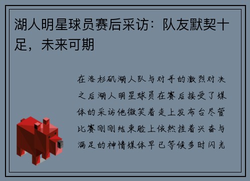 湖人明星球员赛后采访：队友默契十足，未来可期